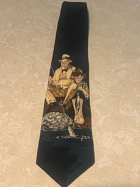 Norman Rockwell Navy and Tan Fishing Scene Men's Tie